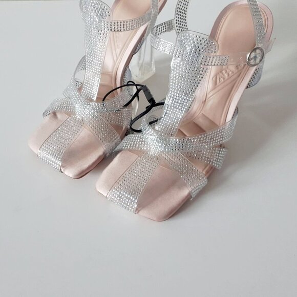 NWT Zara transparent rhinestone embellished vinyl heeled cage strappy sandals - Picture 9 of 12